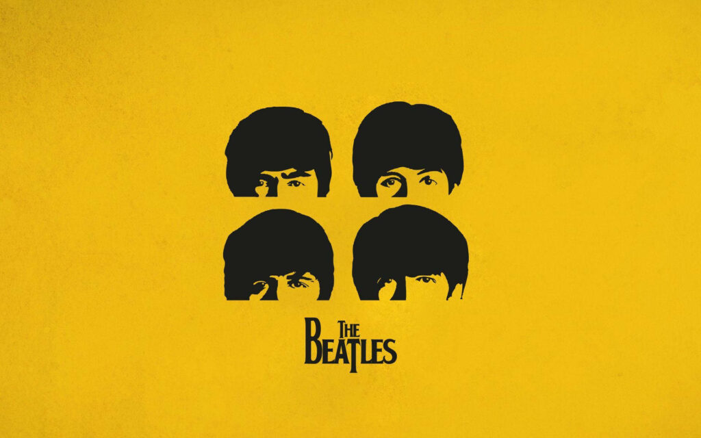 Minimalist yellow Beatles wallpaper with silhouettes of John Lennon Paul McCartney George Harrison Ringo Starr and classic band logo