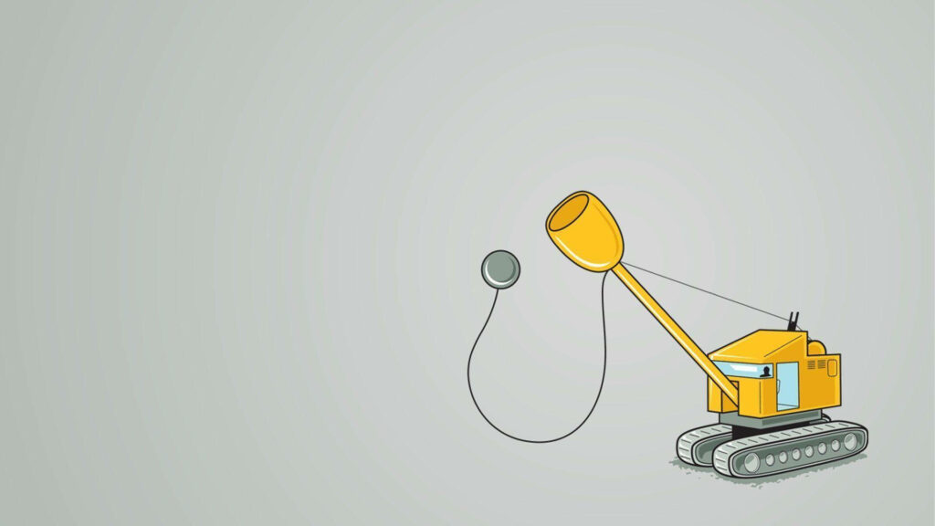Minimalist Yellow Crane Wallpaper with Wrecking Ball on Gray Background