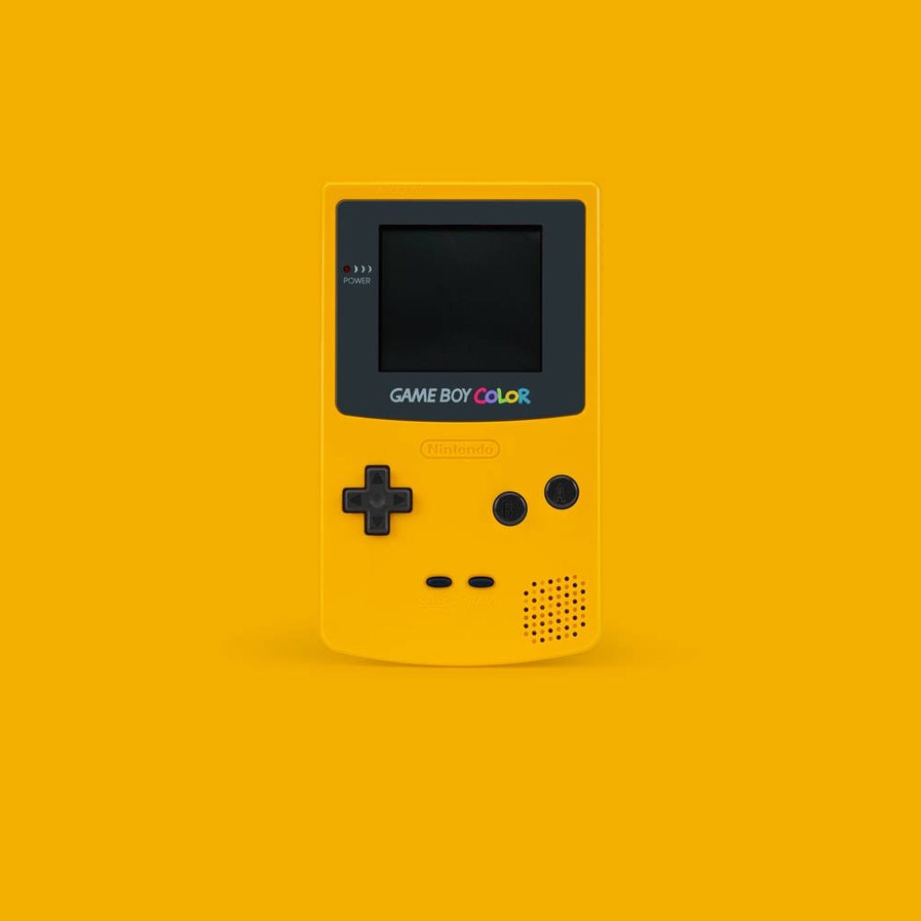 Minimalist yellow Game Boy Color wallpaper with iconic Nintendo handheld on vibrant background