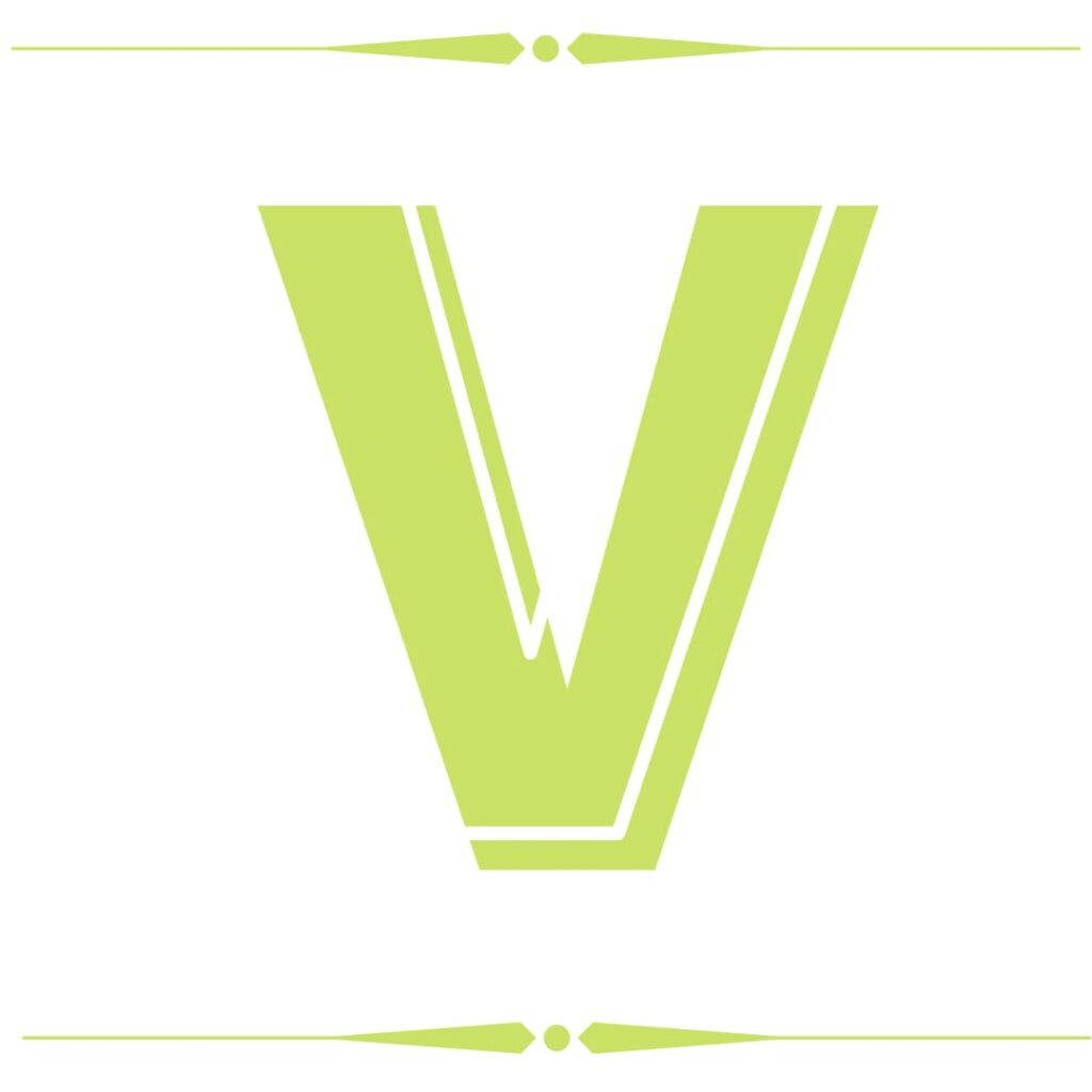 Minimalist lime green letter V wallpaper with white background and sleek horizontal lines design