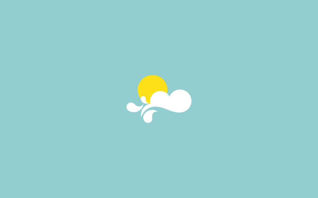 Minimalist Yellow Sun and Fluffy Clouds Wallpaper on Light Blue Background