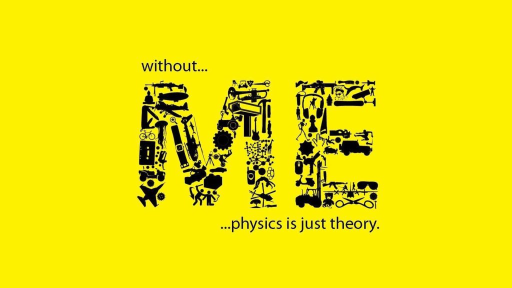 Minimalist yellow wallpaper with ME silhouette of mechanical tools and physics humor text design