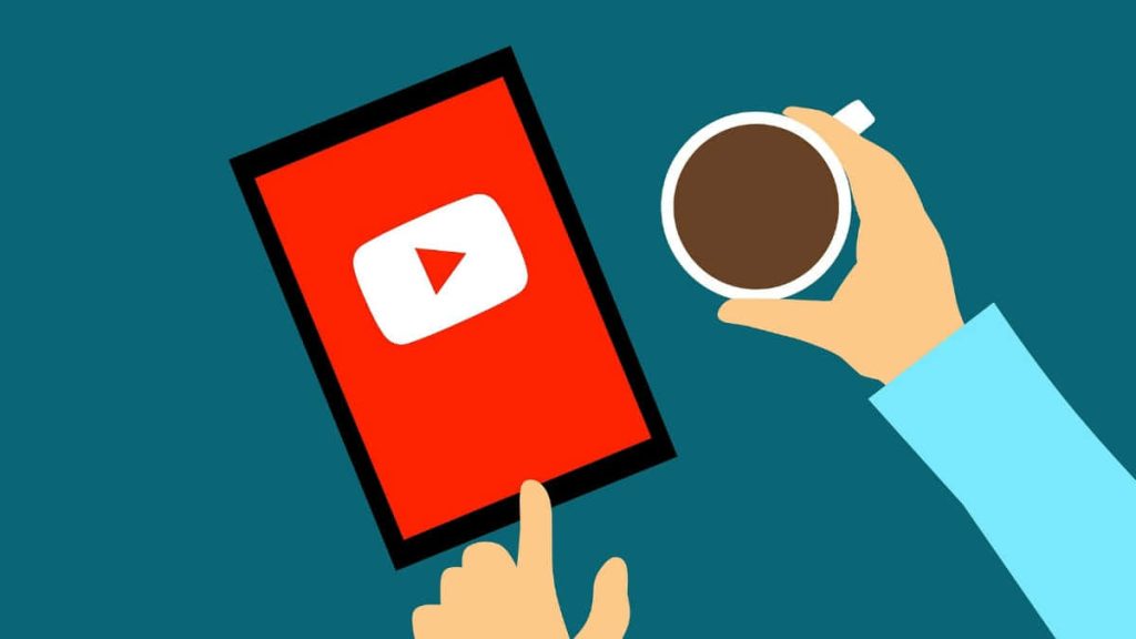 Hand clicking YouTube app on tablet holding coffee minimalist red logo teal background wallpaper