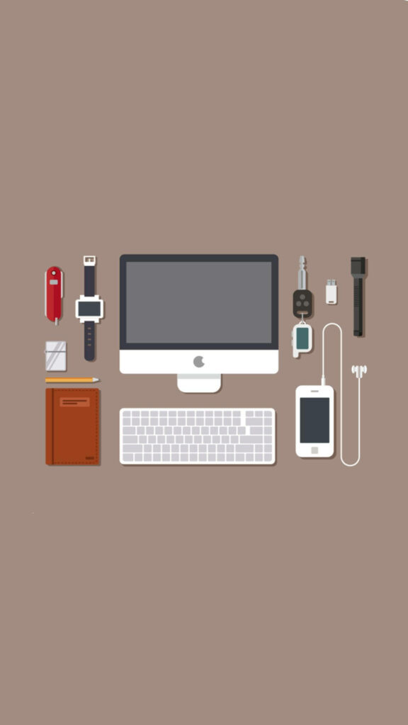 Modern Minimalist iPhone Wallpaper: Sleek Desk Setup on Brown Background