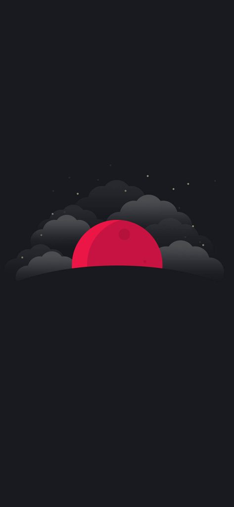 Minimalist iPhone wallpaper red sun over dark gray clouds night sky serene vector art background