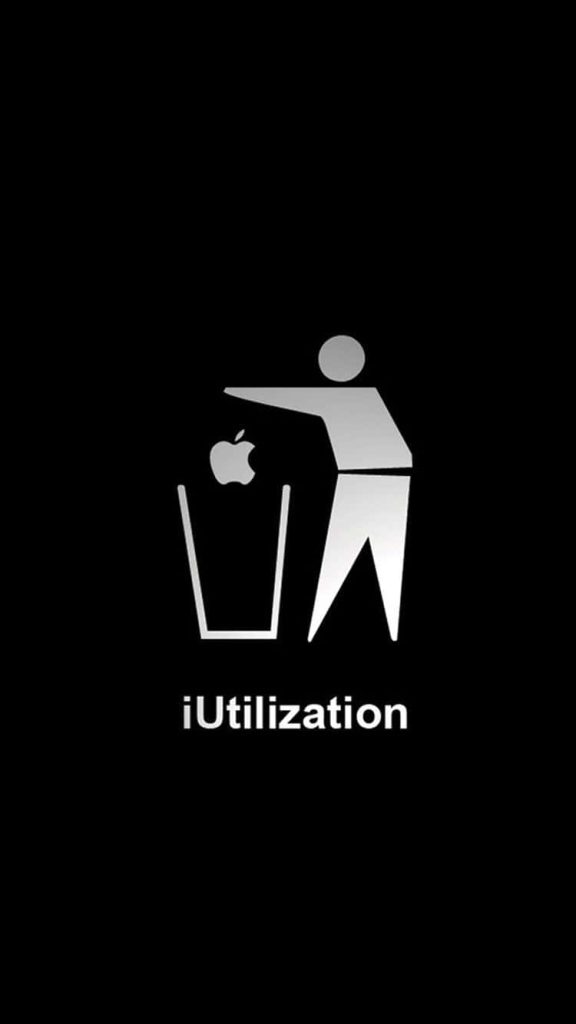 Minimalist wallpaper of stick figure throwing Apple logo in trash can with iUtilization text