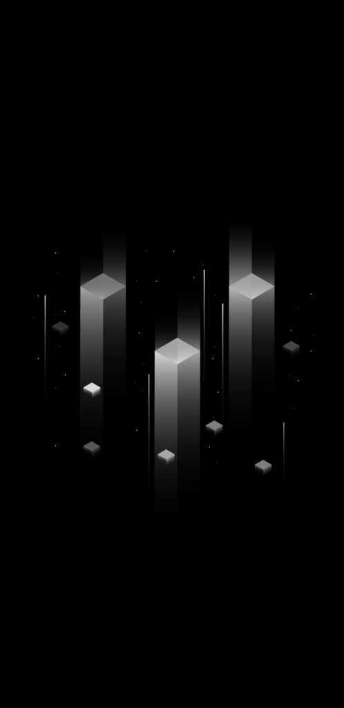 HD 3D abstract wallpaper with floating geometric columns and vertical light beams black white