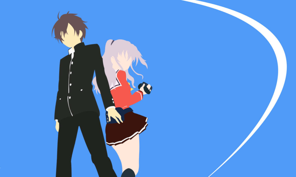 Minimalist Anime Wallpaper: Silhouette Characters on Blue Background