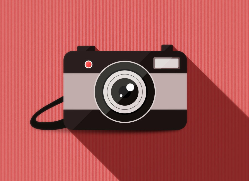 Minimalistic black grey camera vector on textured red striped background modern wallpaper