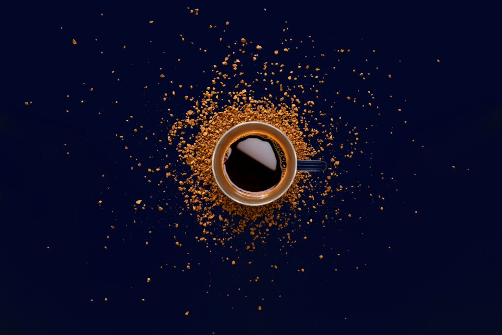 Artistic Black Coffee Wallpaper on Dark Blue - Minimalist Design