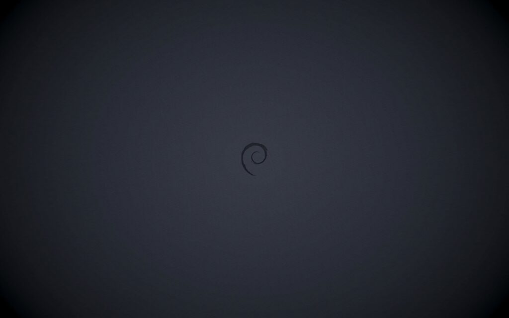 Minimalistic Debian wallpaper with dark textured background and centered iconic swirl logo
