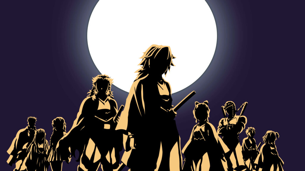 Minimalist Demon Slayer Wallpaper: Characters Silhouetted by Full Moon