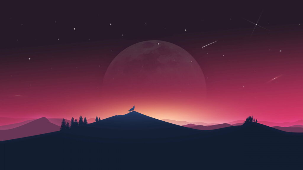 Stunning night sky digital illustration with silhouette figure on hill at sunset Wallpaper
