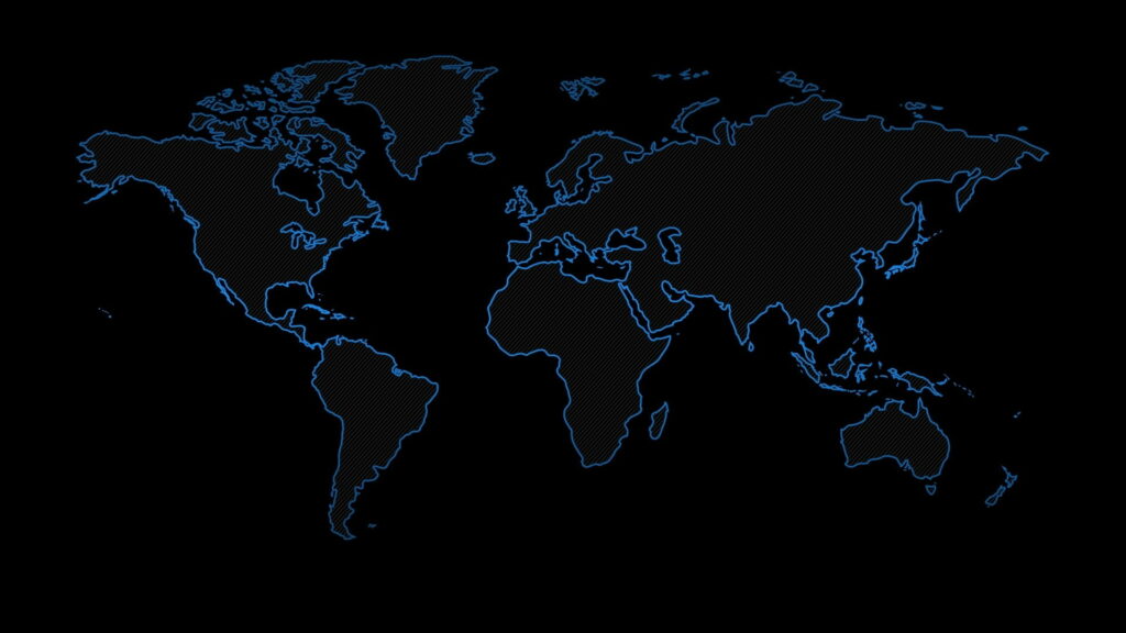 Modern world map wallpaper with blue outlines and diagonal shading on black background