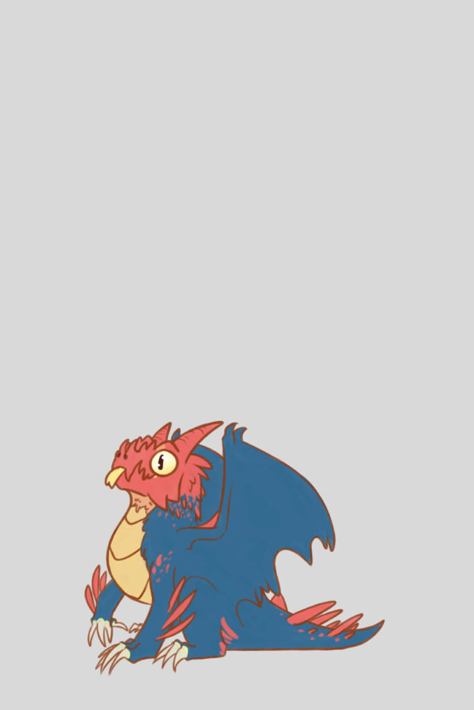 Minimalistic Druddigon Pokémon wallpaper with red head blue wings yellow belly on grey background