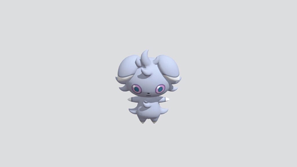 Minimalistic top view of Espurr Pokémon with purple eyes on light gray background wallpaper
