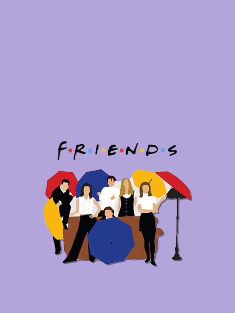 Minimalistic Friends Line Art Wallpaper with Colorful Umbrellas