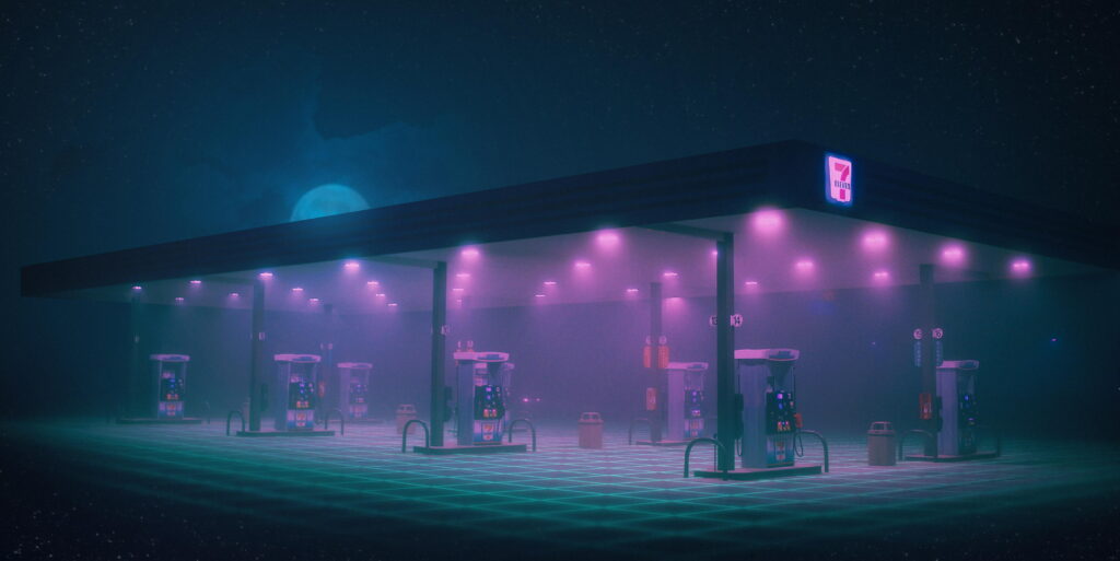 Minimalist 7-Eleven gas station with purple neon lights and retro teal grid at night synthwave Wallpaper