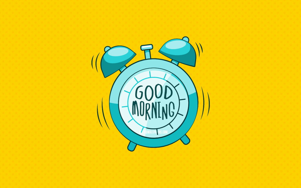 Minimalist Wake-Up Call: A Creative Good Morning Wish with a Blue Alarm Clock on Yellow Dotted Backgrounds Wallpaper