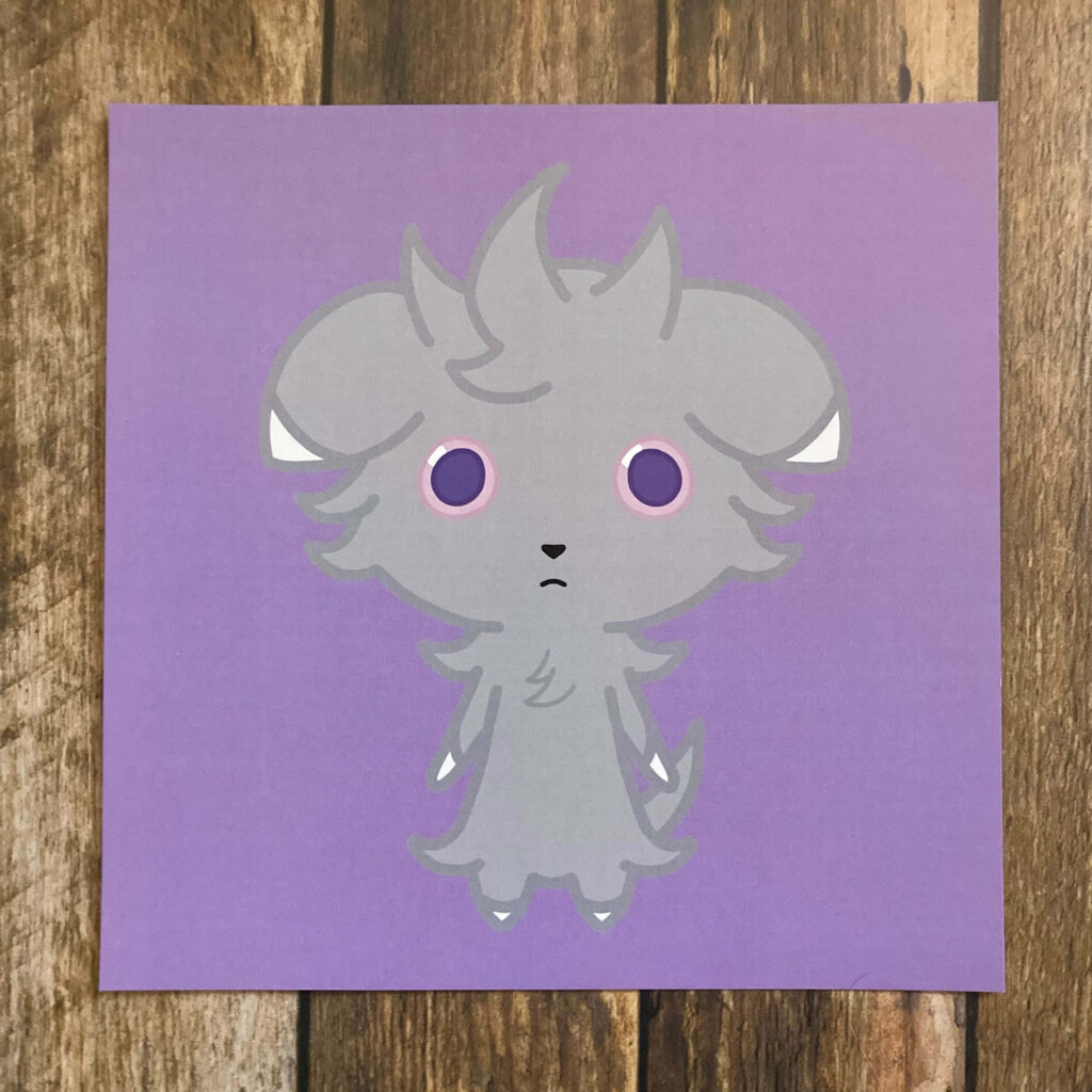Minimalistic gray Espurr Pokémon with wide eyes on smooth violet background wallpaper design