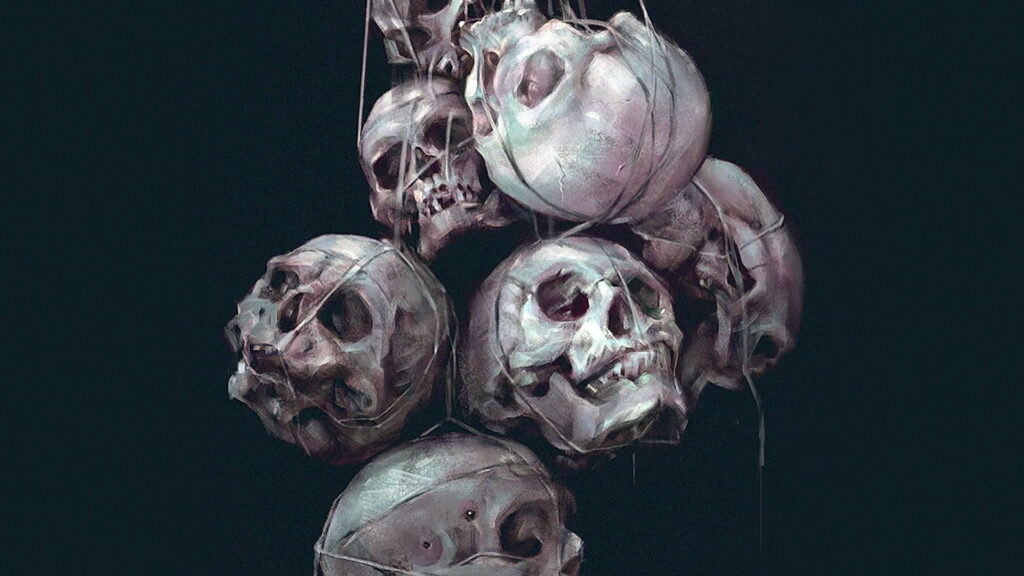 Dark gothic digital art wallpaper with cool-toned suspended human skulls on black background