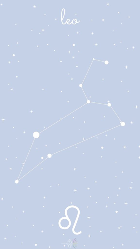 Minimalistic Leo zodiac wallpaper with white constellation lines on pastel blue starry sky background