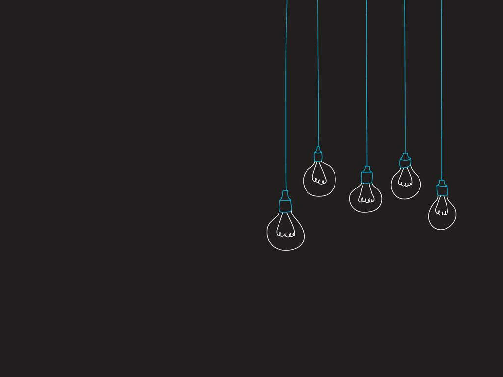 Minimalist wallpaper with five hanging light bulbs outlined in white and cyan cords on dark background