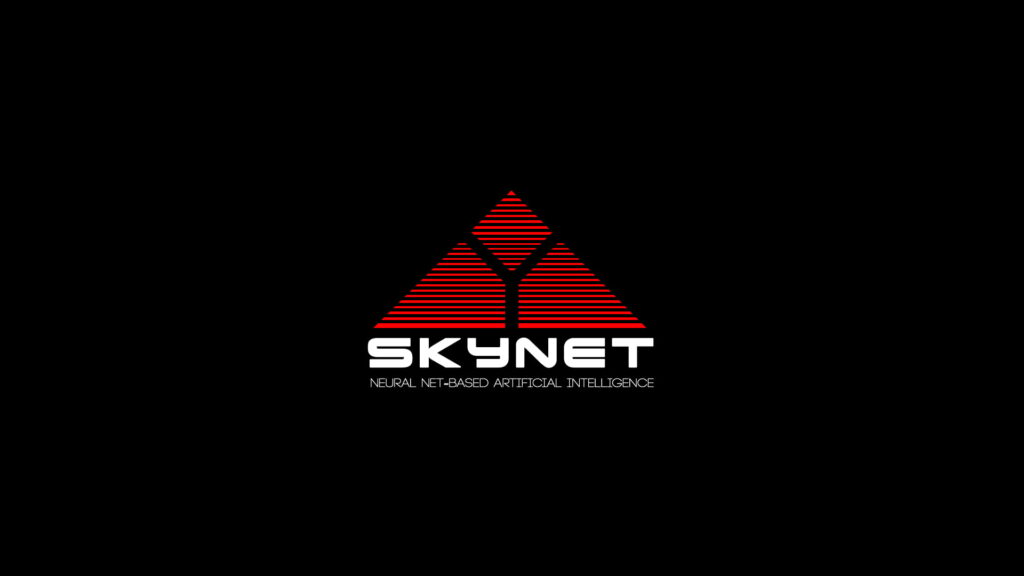 Minimalist red Skynet logo with triangle emblem and futuristic text on black wallpaper background
