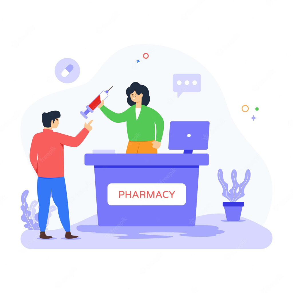 Friendly Pharmacist Interaction in Minimalist Pharmacy Wallpaper