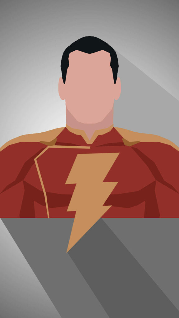 Minimalistic Shazam vector art wallpaper with red suit and lightning bolt on grey background