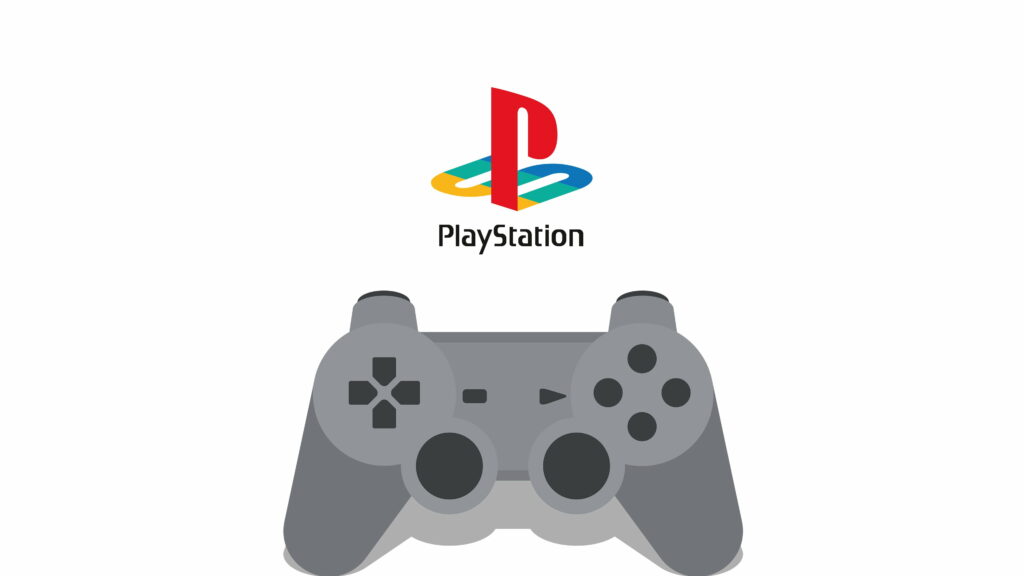 Minimalist 4K wallpaper of classic grey PlayStation controller with colorful logo on clean background