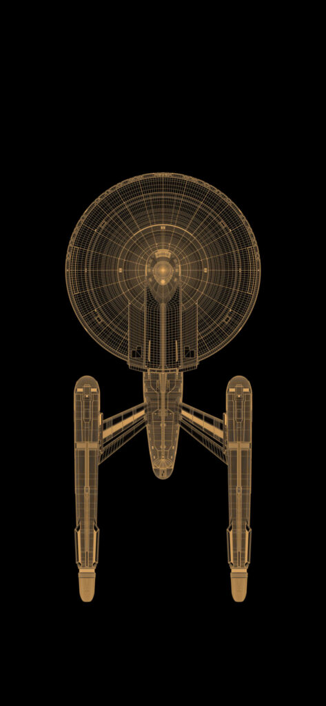Minimalistic Starship Enterprise Wallpaper in Gold Wireframe Design