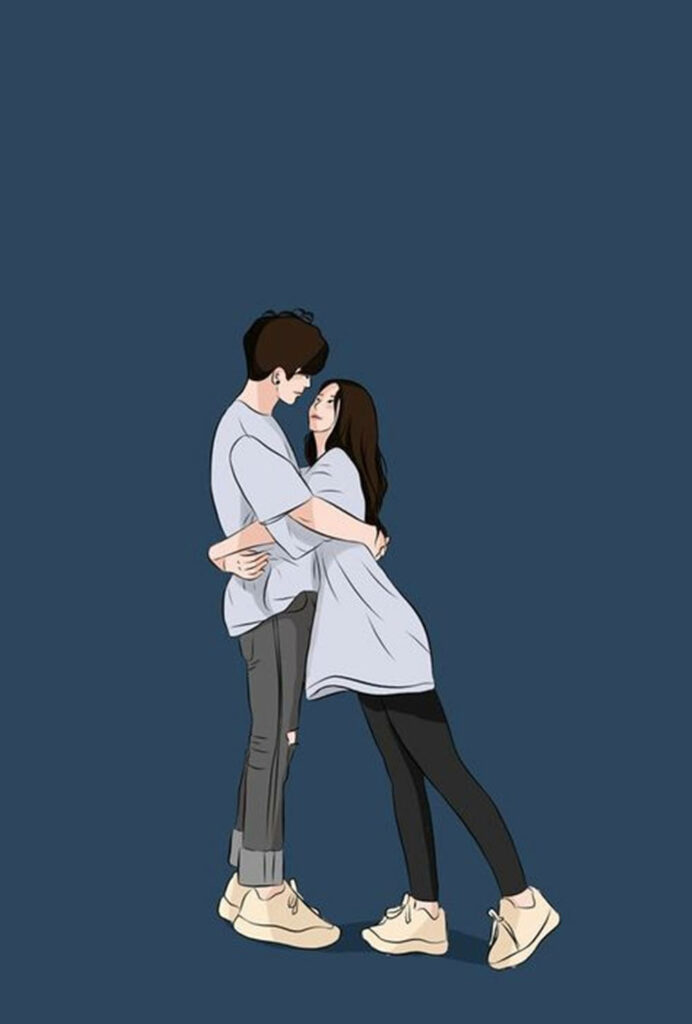 Minimalist Vector Art Couple Embracing - Blue Wallpaper Background