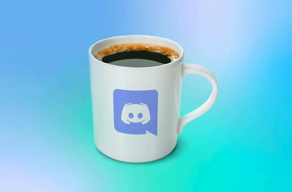 White coffee mug with Discord logo on blue teal gradient background cozy digital culture Wallpaper