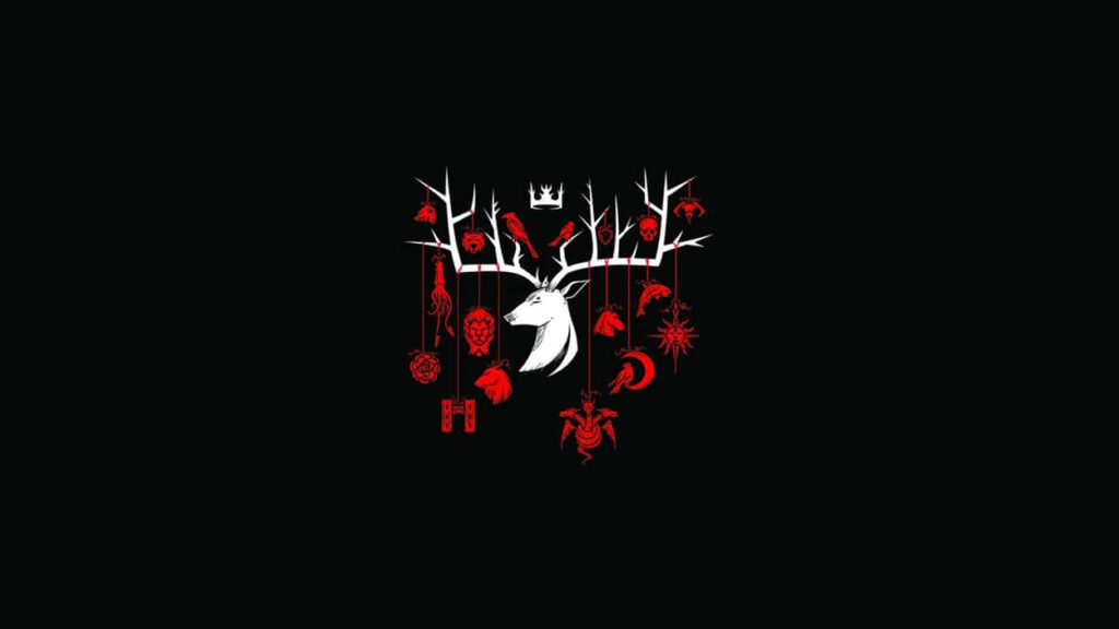 Minimalist White Deer Head Wallpaper with Red Decor on Dark Background