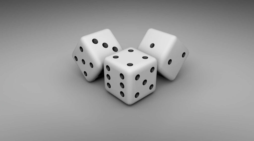 Minimalistic wallpaper with three white dice black dots on smooth grey gradient background classic gaming