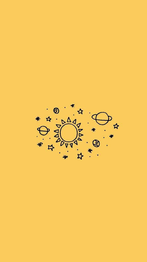 Minimalist Yellow Solar System Wallpaper with Cute Illustrations