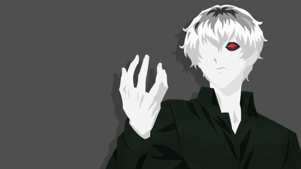 Shades of Contrasting Hair: A Minimalistic Anime Portrait of Ken Kaneki as Haise Sasaki with Red Eyes Wallpaper