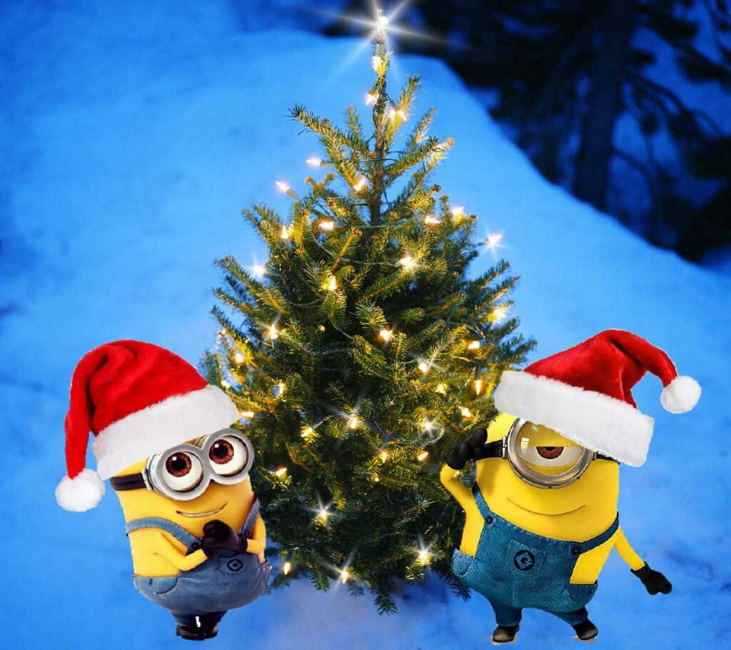 Joyful Minions in Santa Hats Celebrate Christmas - Festive Wallpaper