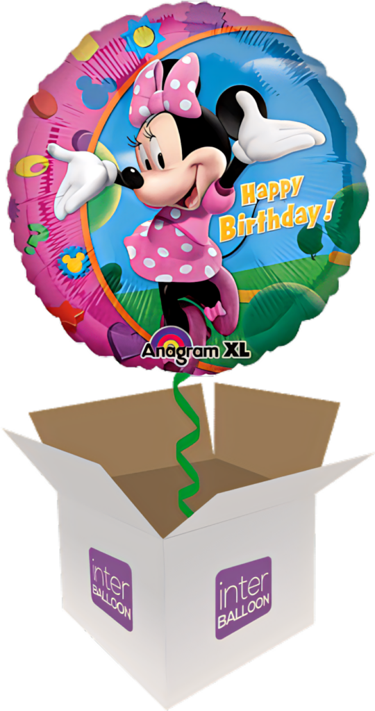 Cheerful Minnie Mouse Birthday Wallpaper with Colorful Balloons