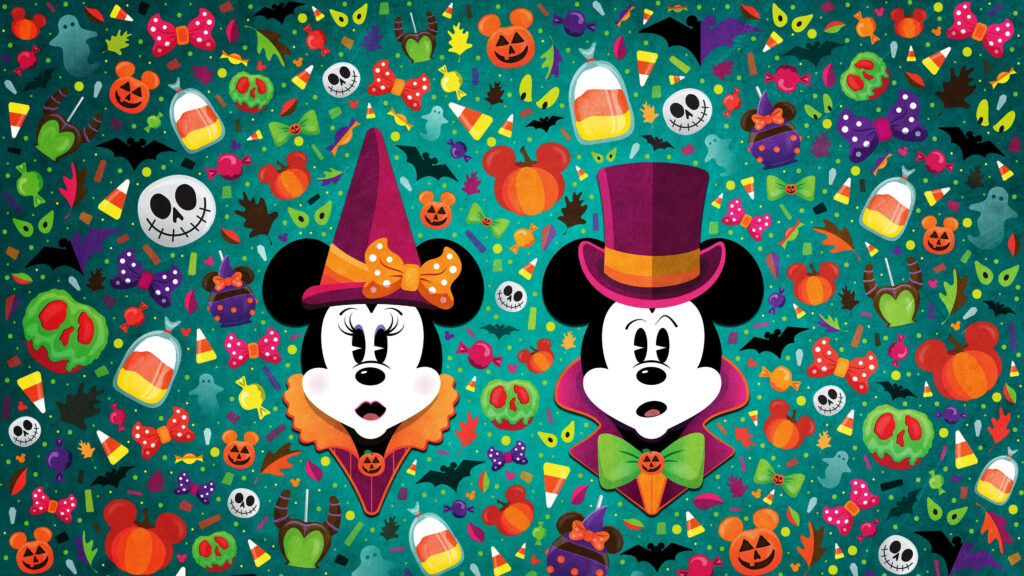 Mickey and Minnie's Magical Halloween Delight - Enchanting Desktop Wallpaper with Adorable Disney Characters and Sweet Halloween Surprises