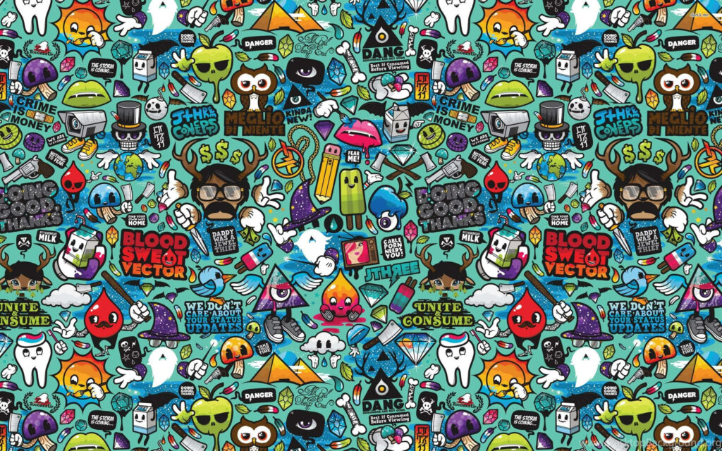 Vibrant mint green wallpaper with chaotic doodle bomb pop art featuring cartoons skulls gems and typography