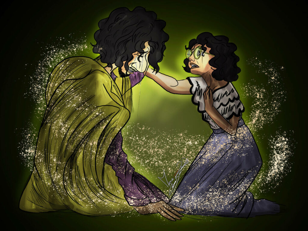 Mirabel comforts Uncle Bruno in magical glowing Encanto scene with dark mystical background wallpaper