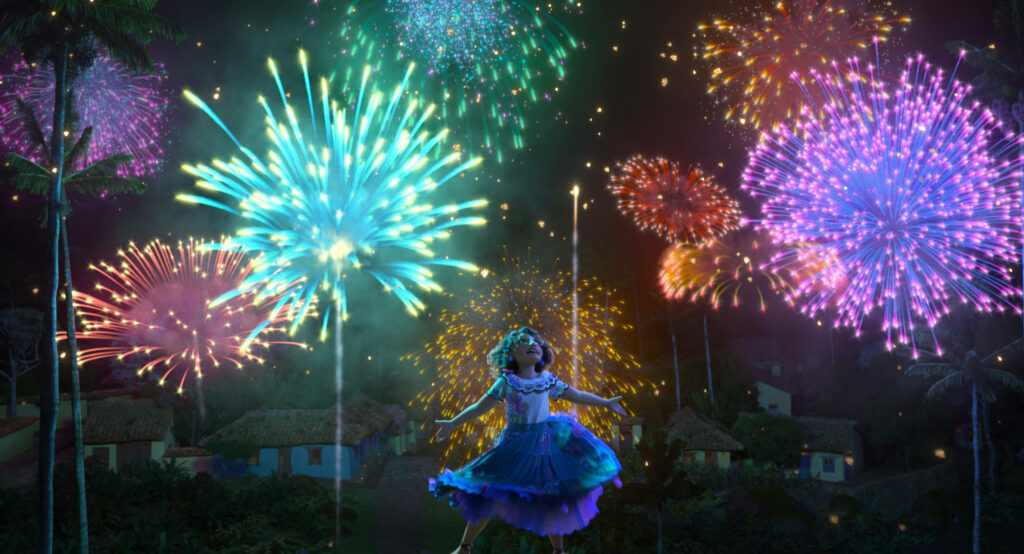 Mirabel from Encanto joyfully beneath vibrant fireworks night sky tropical glowing cottages Wallpaper