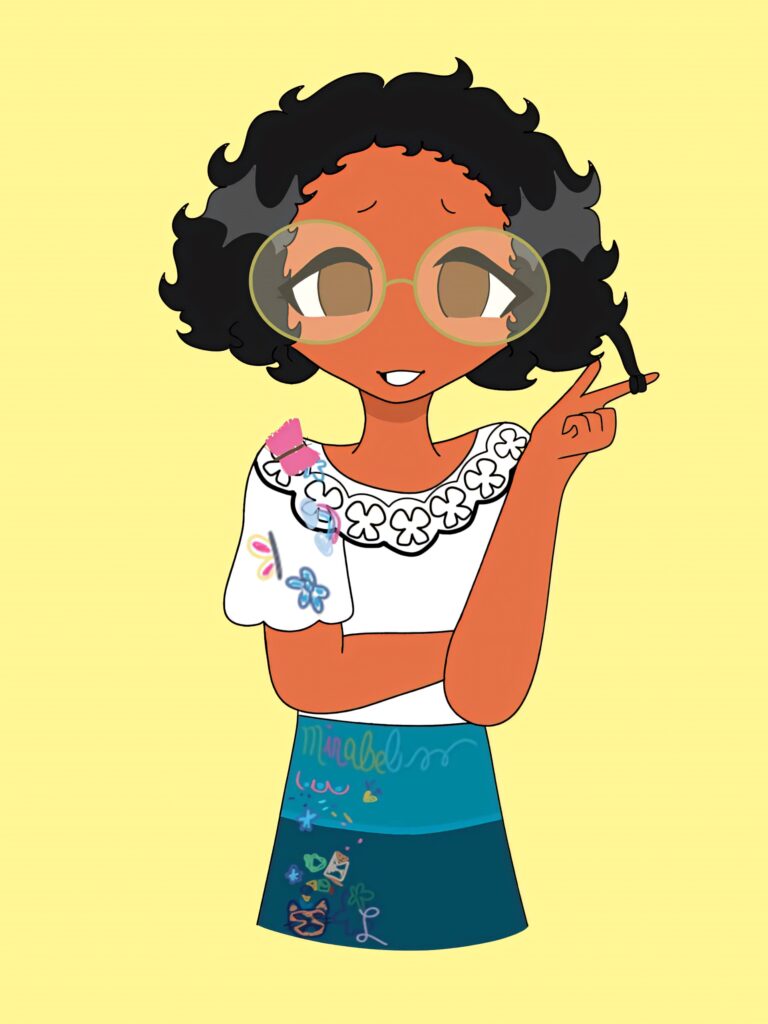 Mirabel from Encanto cartoon wallpaper vibrant yellow background colorful embroidered clothes