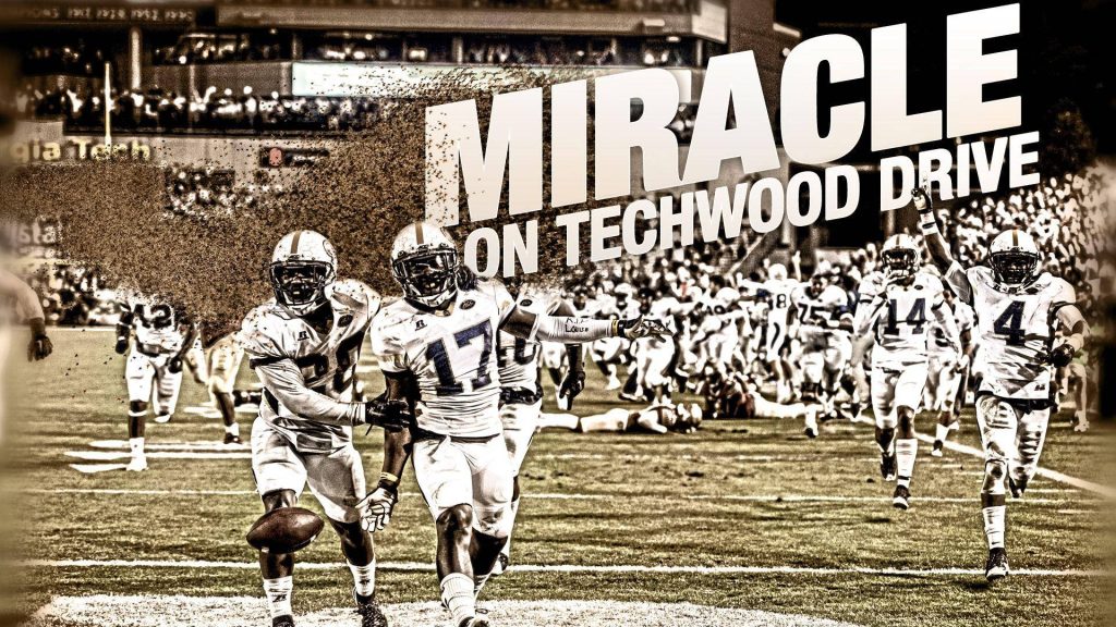 Georgia Tech football players celebrate 2015 Miracle on Techwood Drive walk-off win wallpaper