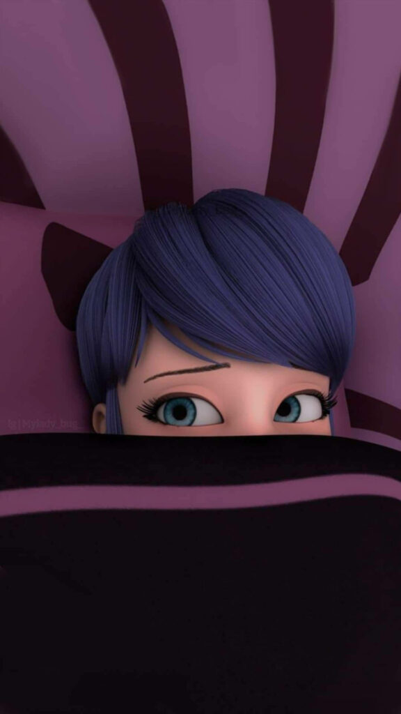 Adorable Marinette from Miraculous Ladybug: Snuggled Up in a Cozy Purple Bed Wallpaper