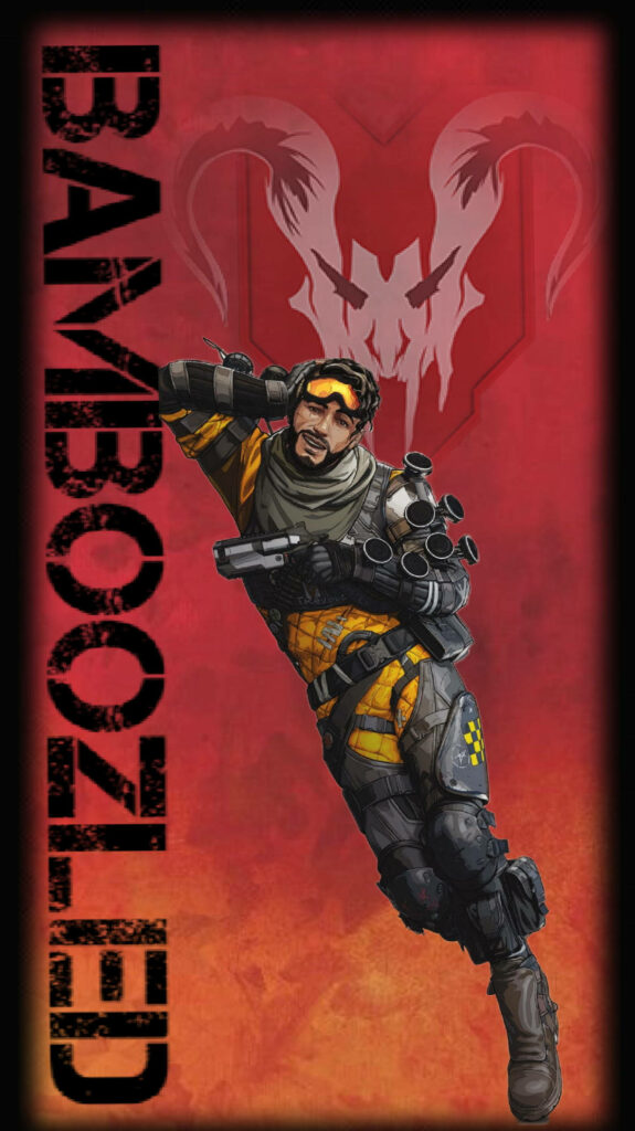 Mirage The Trickster Apex Legends vibrant phone wallpaper red background BAMBOOZLED text