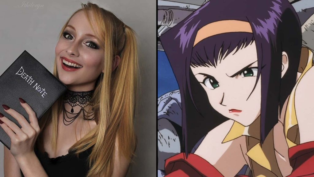 Split-screen wallpaper with blonde Misa Amane cosplayer holding Death Note and Faye Valentine anime art