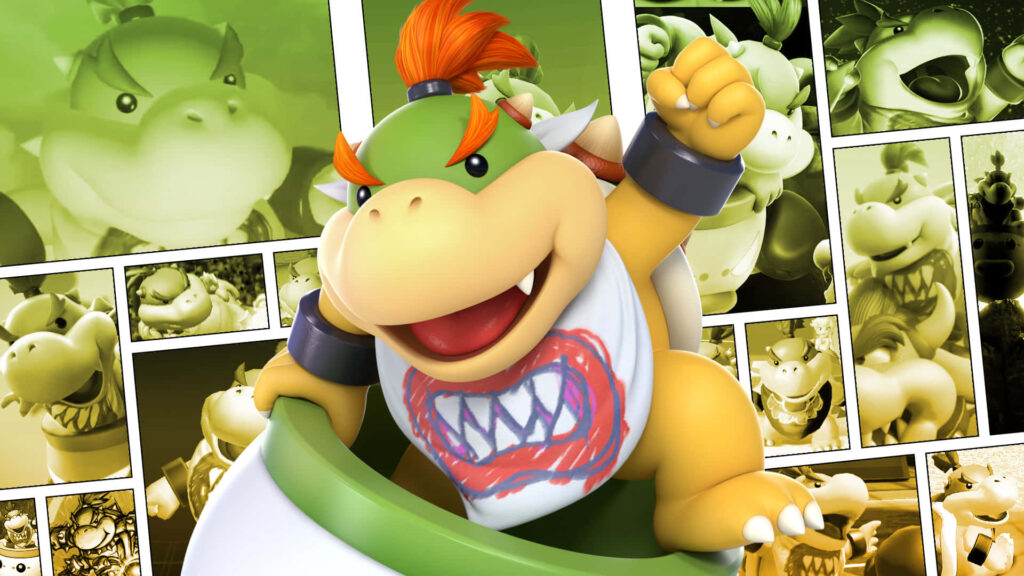 Mischievous Bowser Jr smiling confidently on fiery ground with vibrant green yellow hues wallpaper